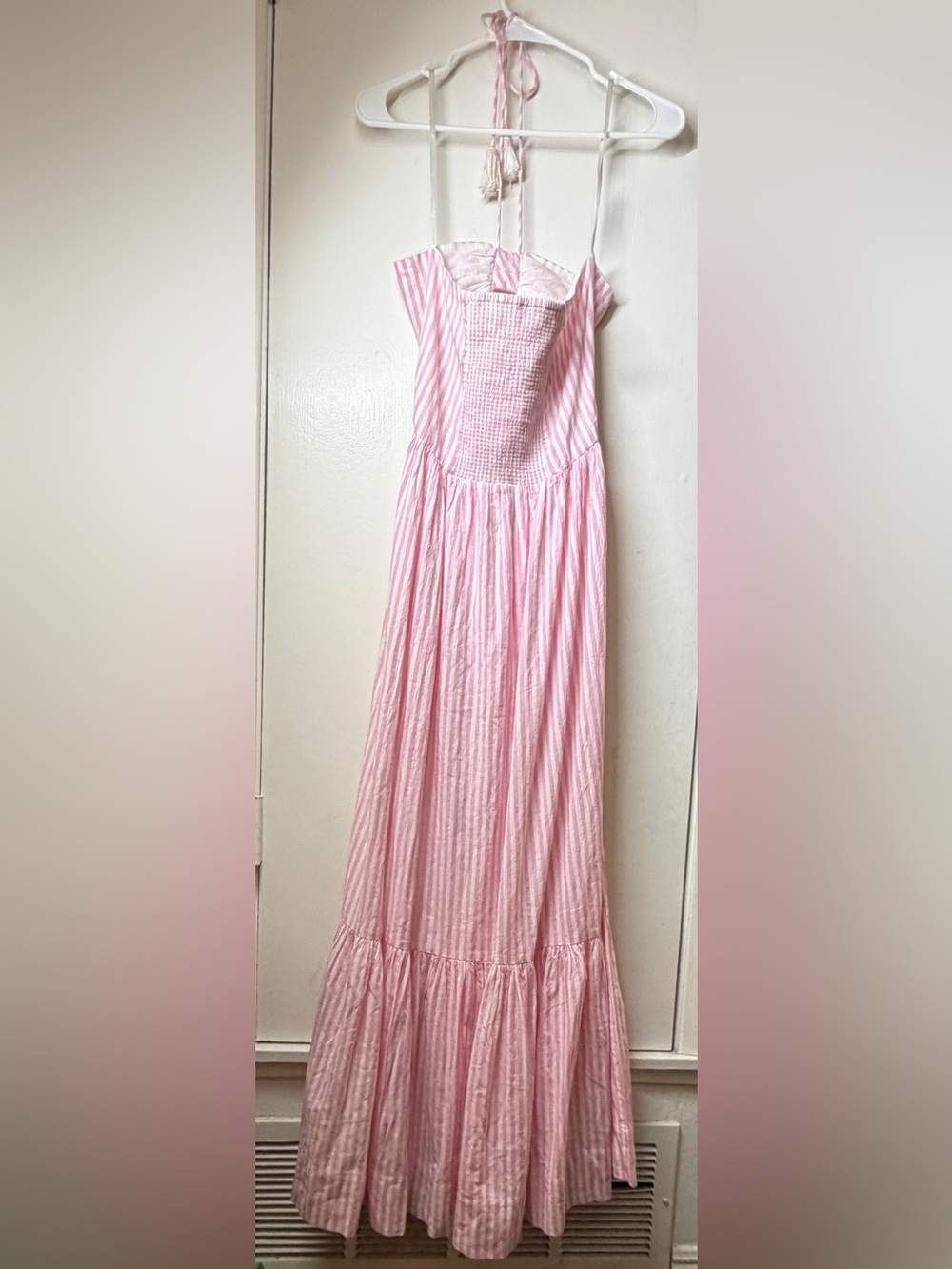 Tessora 100% Cotton Pink White Striped Preppy Cut Out Halter Maxi Dress Small - Picture 11 of 16